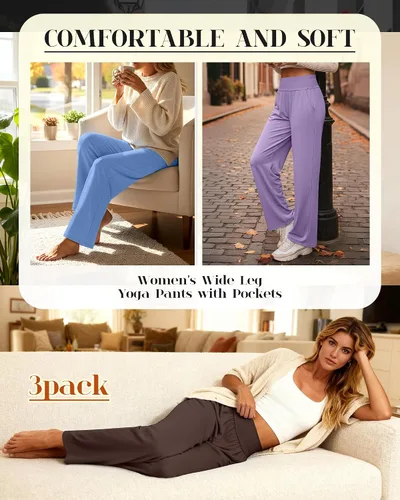 Vista 76 de Neer - Conjunto de 3 pantalones de yoga de pierna ancha para mujer - Pantalones deportivos cómodos, holgados, de cintura alta y casuales