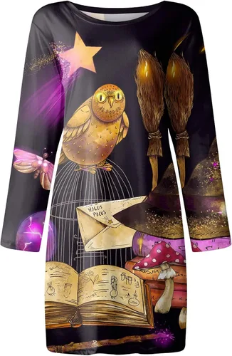 Vista 3 de Vestido de manga larga holgado con estampado de disfraces de Halloween para mujer 2022