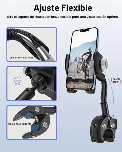 Vista 5 de Soporte de teléfono de cuello de cisne para bicicleta, soporte de teléfono para motocicleta, abrazadera de manillar ajustable giratoria de 360°