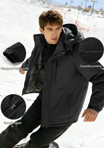 Vista 6 de PEGENO Chaqueta de Esquí para Hombre Resistente al Agua Cortavientos Aislada Forro Polar Térmico Chaquetas de Invierno Parka Impermeables Con Capucha