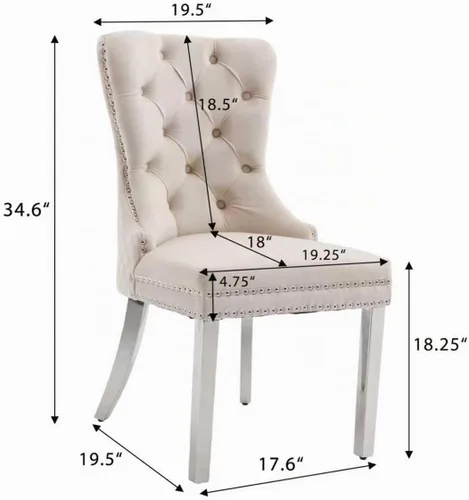 Vista 3 de KCC Juego de 2 sillas de comedor de terciopelo, sillas modernas copetudas Patas de acero inoxidable beige++ plata