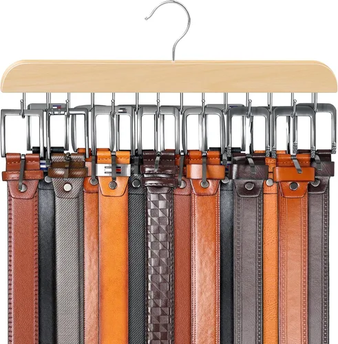 Vista 8 de Percha de cinturón para armario Max 42 cinturones, accesorios de armario de madera resistente con 14 ganchos, organizador de cinturón