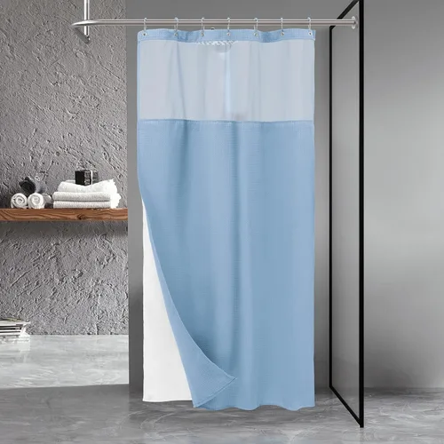 Vista 7 de N&Y HOME - Juego de cortina de ducha de punto gofre, forro de tela a presión y ganchos, para ducha pequeña, estilo hotel, ventana superior de malla