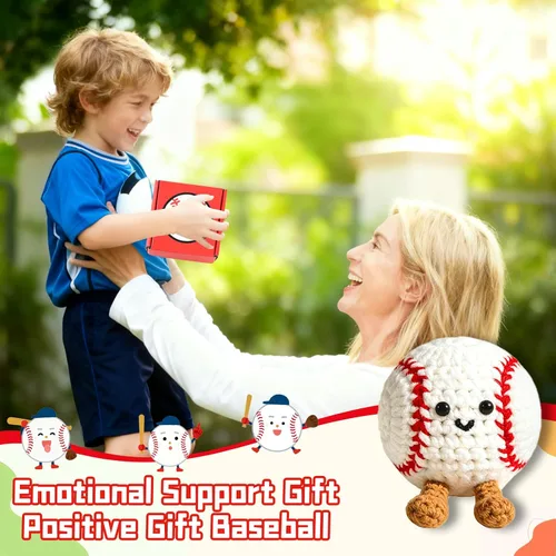 Vista 2 de Regalos positivos de ganchillo de béisbol para niños, hombres, papá, muñeca de punto inspiradora con tarjeta de aliento y llavero de caja, divertida