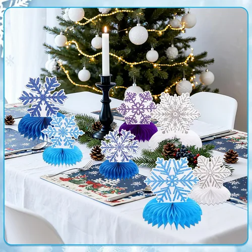 Vista 3 de 12 PIEZAS Centros de Mesa de Panal en Forma de Copo de Nieve para Mesas, Decoraciones de Fiesta de Cumpleaños de Frozen, Centros de Mesa de Copo