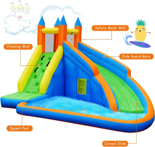 Vista 2 de GYMAX Casa inflable para saltar, tobogán acuático con pared de escalada y piscina de salpicaduras, fácil instalación, casa hinchable resistente