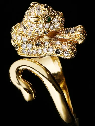 Vista 4 de Anillo de mujer ajustable de 14 quilates con cabeza de leopardo y diamantes de moda, tamaño 6 a 9, Cobre, Zirconia cúbica