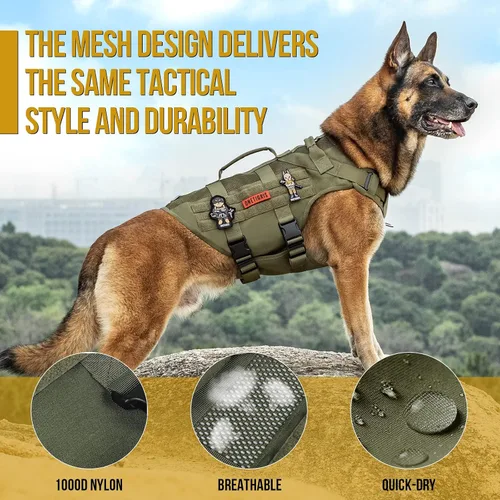 Vista 4 de OneTigris Arnés táctico para perros pequeños, diseño de malla, chaleco transpirable para perros militares, chalecos Molle con asas, arnés para Verde