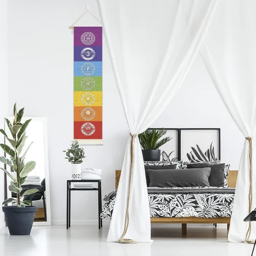 Vista 5 de Póster colgante de lienzo para meditación, 7 chakras, mandala, yoga, pintura Tapiz de yoga para colgar en la pared con 1 borla, decoración