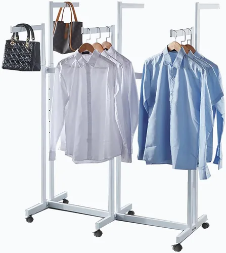 Vista 13 de Perchero de pie de metal para ropa - Estantes de exhibición resistentes para uso comercial con ruedas, perchero de ropa de 6 brazos, perchas