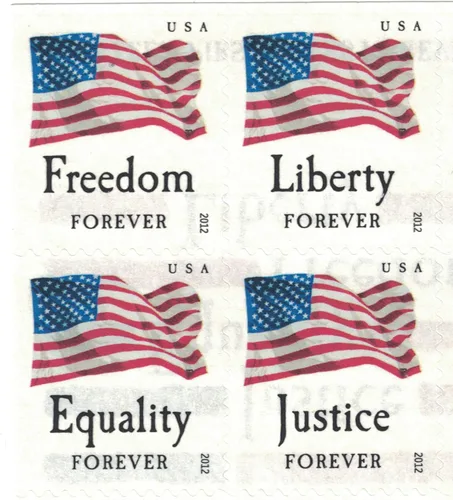 Vista 2 de Sellos USPS con 4 diseños distintos de banderas estadounidenses