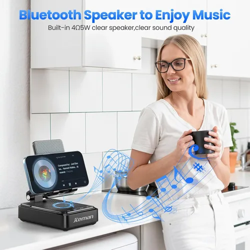 Vista 3 de Jteman Soporte para teléfono celular con altavoz Bluetooth y cargador inalámbrico, soporte de estación de carga de escritorio con altavoz