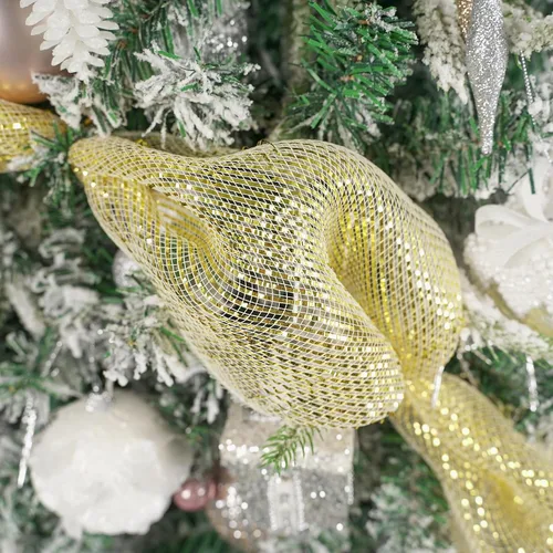 Vista 5 de MEEDEE Cinta de malla dorada de 10 pulgadas de ancho x 30 pies - Rollo de malla metálica decorativa para coronas de árbol de Navidad, guirnalda