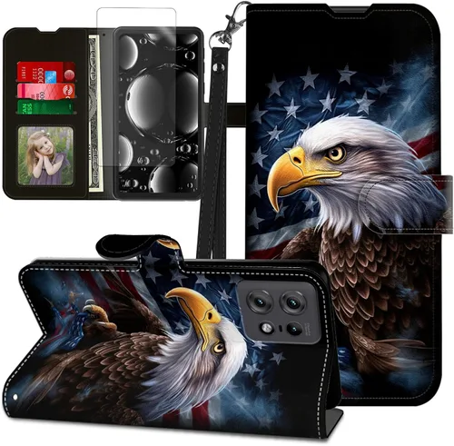 Vista 343 de Funda para Motorola Edge 2022 con protector de pantalla, soporte y tarjetero y correa para la muñeca, funda magnética para Moto Edge 2022 5G UW Lobo