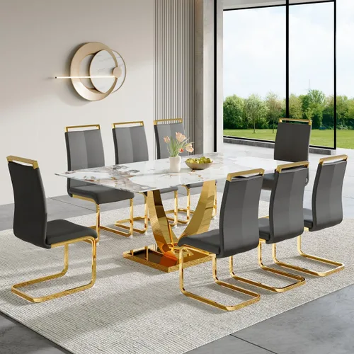 Vista 27 de Juego de mesa de comedor para 4, mesa de comedor de mármol sintético de 63 pulgadas con patas y base de acero inoxidable, sillas acolchadas