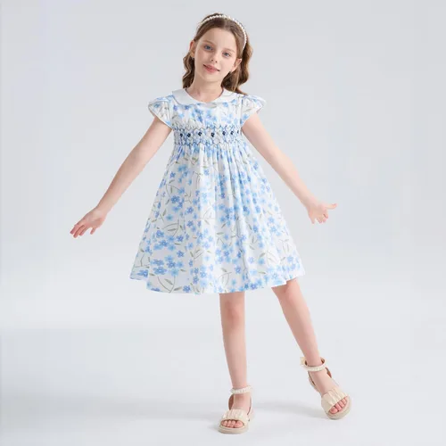 Vista 6 de Girls Smocked Blue Dress Toddler Floral Summer Dress Vintage Dresses Kindergarten Graduation Dress