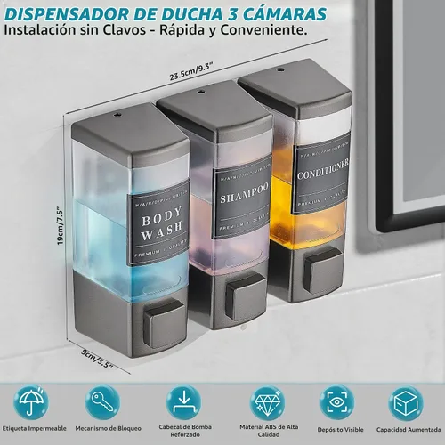 Vista 2 de Dispensador de champú y acondicionador para ducha, 3 cámaras, gris