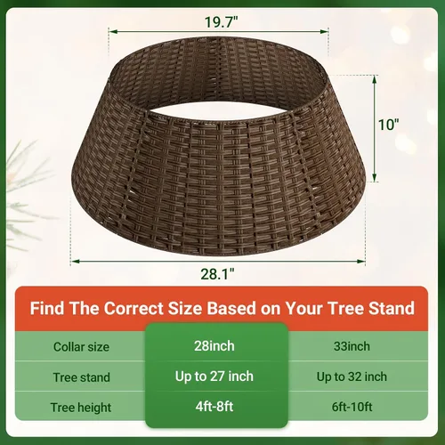 Vista 3 de Collar de mimbre para árbol de Navidad, cubierta de base de árbol PP marrón plano