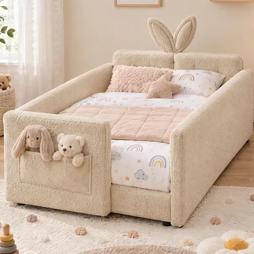 Vista 19 de Cama de suelo tapizada de tamaño matrimonial con valla y bolsillos, cama de Cama de suelo tapizada de tamaño matrimonial con listones y cabecero
