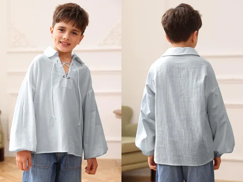 Vista 4 de Camisa medieval pirata para niños y niños con cordones mercenario Halloween escocés jacobita ghillie tops