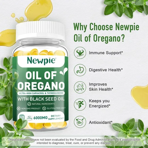 Vista 3 de Aceite de orégano Newpie con cápsulas blandas de aceite de semilla negra, 120 cápsulas blandas, aceite equilibrado de orégano, suplemento formulado