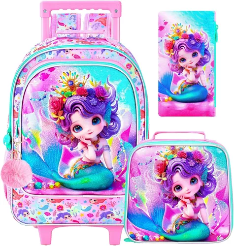 Vista 10 de Mochila con ruedas para niñas, Fox Kids School Mochilas con ruedas, mochila enrollable con lonchera para preescolar primaria (blanco)