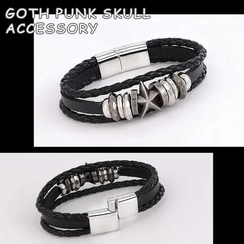 Vista 4 de MILAKOO 3 pulseras unisex punk retro góticas de cuero sintético con cuentas de hematita