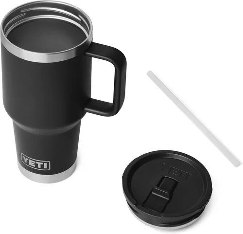 Vista 3 de YETI Rambler - Taza de viaje de 30 oz con tapa con pajita abatible - Acero inoxidable, aislada al vacío, a prueba de fugas, compatible con Negro