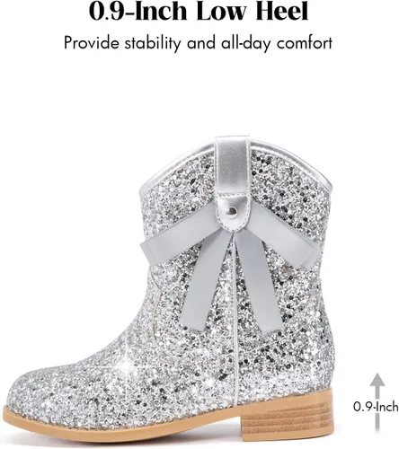 Vista 6 de Coutgo Botas vaqueras para niñas, botas de tacón bajo con purpurina, botas Plateado