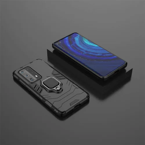 Vista 6 de Compatible con Huawei P40 Pro+, soporte de anillo de metal (funciona con soporte magnético para automóvil), funda resistente de doble capa para Negro