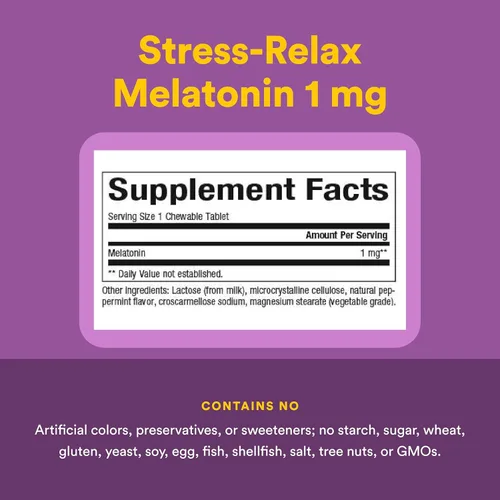 Vista 4 de Melatonina Stress-Relax 1 mg por Natural Factors, Natural Sleep Aid, restablece el ciclo de sueño-vigilia, 180 tabletas masticables (180 porciones)