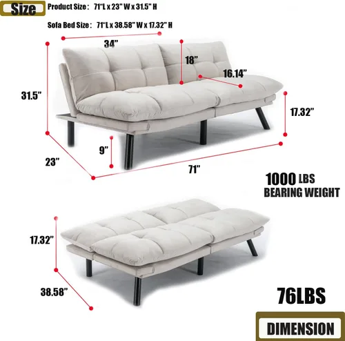 Vista 2 de Sofá cama futón, sofá futón plegable convertible, sofá pequeño transpirable para estudio compacto en sala de estar y dormitorio, oficinas, sofá Beige