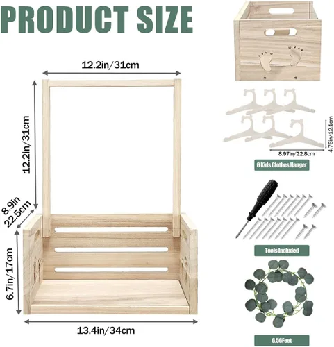 Vista 2 de Okydoky Armario de madera para baby shower, cesta de regalo con asa, con colgador de ropa y guirnalda, cesta personalizada para baby shower