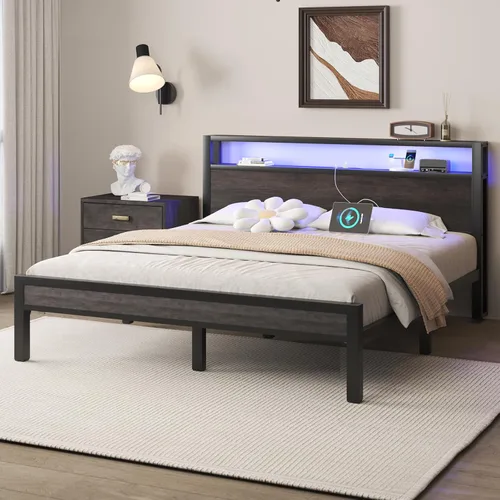 Vista 11 de LOEWAY Base de cama tamaño Queen con cabecero de almacenamiento y luces LED, color gris