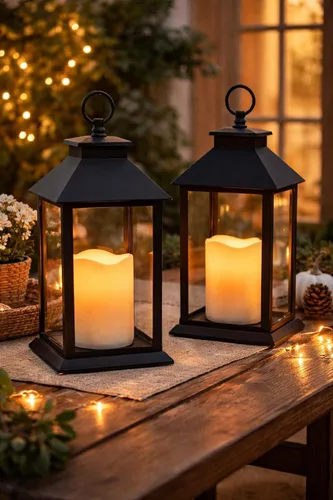 Vista 5 de Black Lanterns - Juego de 2 faroles decorativos con velas LED, decoración de faroles para exteriores e interiores, faroles de granja de 13 pulgadas