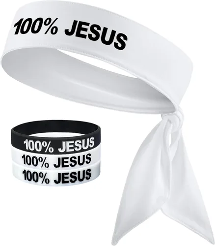 Vista 3 de 100% Jesús Sports Diadema y pulsera de silicona para fútbol, fútbol fútbol blanco y negro, atletismo, fitness, banda elástica para el sudor, bandana