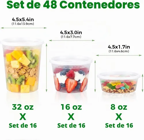 Vista 2 de vivigu Recipientes de delicatessen con tapas 48 juegos [8, 16, 32 oz 16 cada uno] - Recipientes de almacenamiento de alimentos con tapas aptos