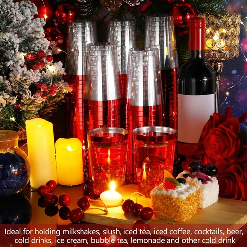 Vista 4 de Patelai 100 piezas de vasos de plástico rojos de 12 oz, vasos de plástico con borde rojo resistentes, vasos desechables para vino, vasos