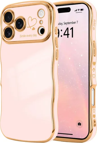 Vista 53 de LCHULLE - Funda para iPhone Air, linda para mujeres y niñas, con forma de onda, color azul bebé Luxury Plating Curly Wavy Frame with Love Heart