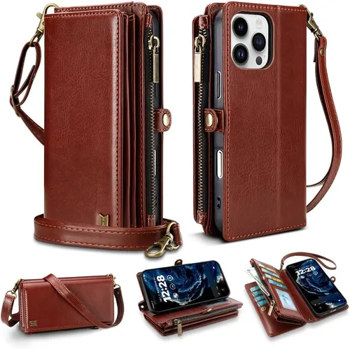 Vista 68 de Funda tipo cartera para iPhone 16 Pro Max con 8 tarjeteros, bloqueo RFID, piel sintética, función atril, abatible, correa de muñeca y correa