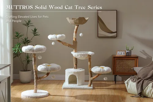 Vista 2 de MUTTROS Árbol de gato de madera con flores, torre de gato moderna con ramas de madera real, muebles de lujo boho con poste para rascar y 2 perchas