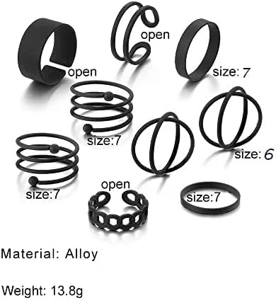Vista 7 de Juego de anillos negros para nudillos para mujer, vintage, apilables, anillos midi bohemios, de cristal, perla y ola marina, paquete de anillos