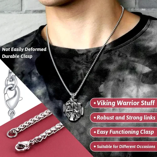 Vista 6 de FaithHeart Collar vikingo para hombre, acero inoxidable, mitología nórdica, lanza vikingaamuleto de Odín