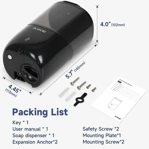 Vista 7 de AIKE Dispensador de jabón automático líquido para montaje en pared, modelo con pilas AK1216, negro