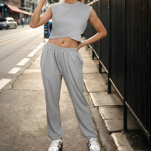 Vista 6 de Conjunto deportivo de dos piezas para mujer, conjunto de entrenamiento atlético casual, tops recortados, pantalones de pierna ancha, pantalones