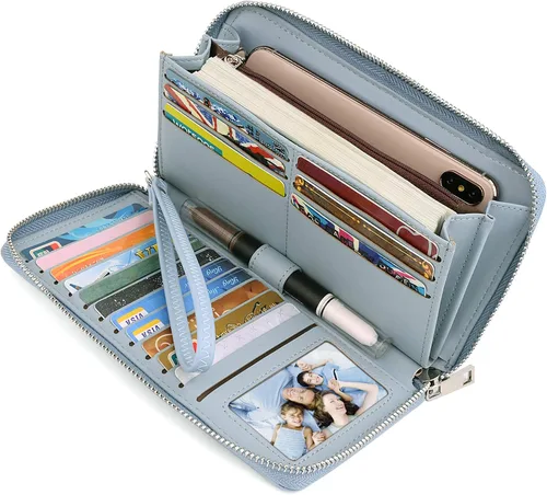 Vista 3 de UTO Cartera de cuero con cremallera alrededor de tarjetero organizador de pasaporte para damas con cartera de viaje con correa de muñeca