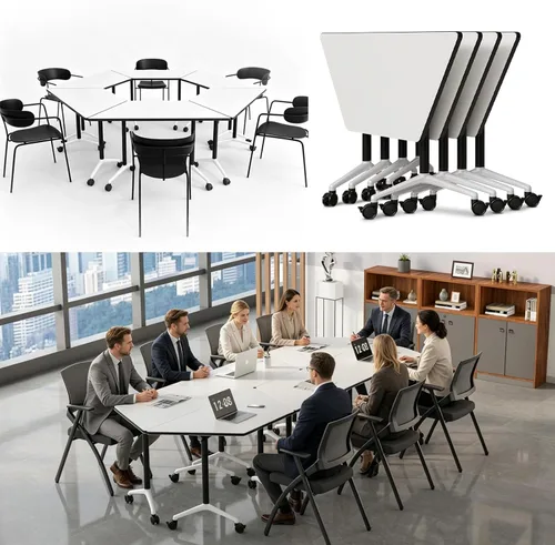 Vista 25 de Mesas de sala de conferencias, mesa de conferencias plegable con ruedas silenciosas, mesa trapezoidal de 47.2 pulgadas, mesa moderna para sala