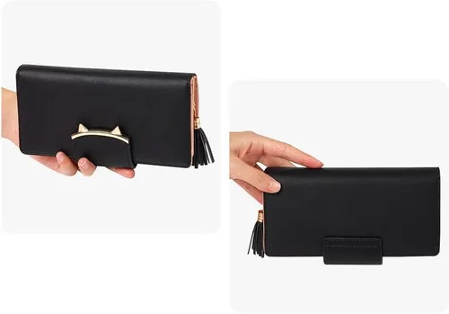 Vista 7 de HeySun Adorable monedero con orejas de gato para mujer, cartera larga, con clip para dinero, Negro -, Casual