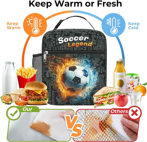 Vista 3 de Clastyle Bolsa de almuerzo con aislamiento 3D para niños, bolsa térmica grande para niños, picnic, escuela, lonchera tote, fútbol de fuego
