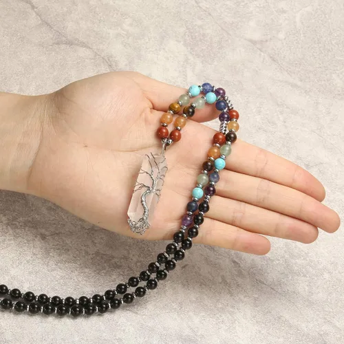 Vista 5 de Jovivi Collar de cristales curativos naturales de 7 chakras envuelto en alambre de cuarzo transparente colgante de árbol de la vida curativo